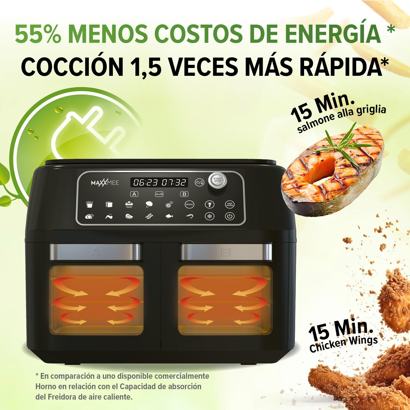 MAXXMEE Freidora de aire caliente de doble cámara 11 l | Combinación inteligente de horno de aire caliente, parrilla y freidora con 2 compartimentos XXL de 5,5 litros cada uno | Panel de control