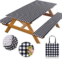 Vista 20 de RNOONY Mantel de vinilo ajustable para mesa de picnic con fundas de banco y bolsa, mantel de picnic impermeable para exteriores de 6 pies con bordes