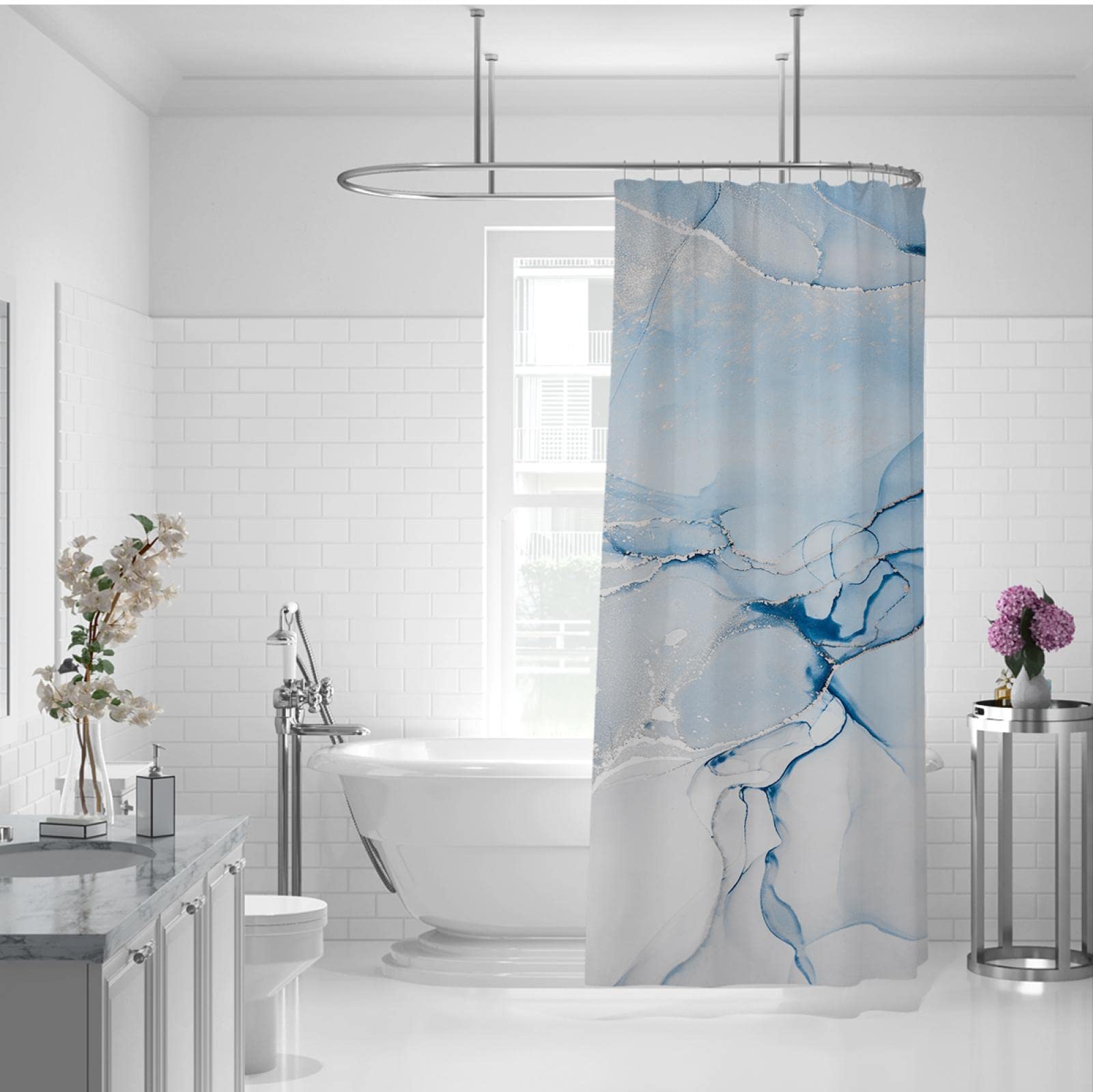 Nowoczesne Zasłony Prysznicowe do Łazienki Niebieska Tekstura Marmurowa Zasłony Prysznicowe w Stylu Hotelowym Zestaw z Hakami 200x240 cm