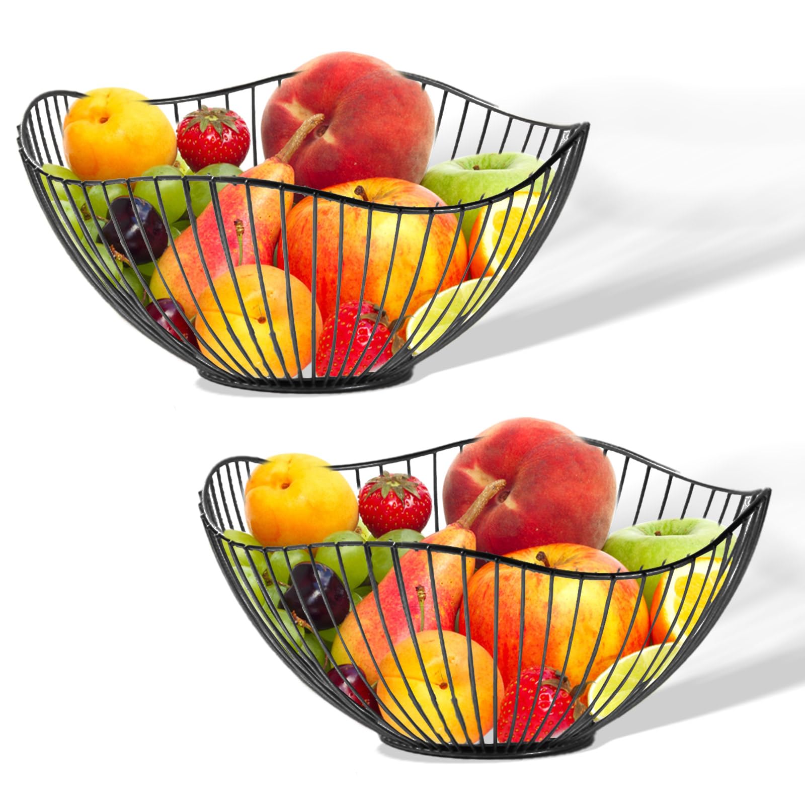 2-Pack Kitchen Countertop Fruit Baskets – Sturdy Metal Wire Rack, Multi-Purpose Tabletop Storage Tray for Fruits, Vegetables, Bread, and Household Items (Black)