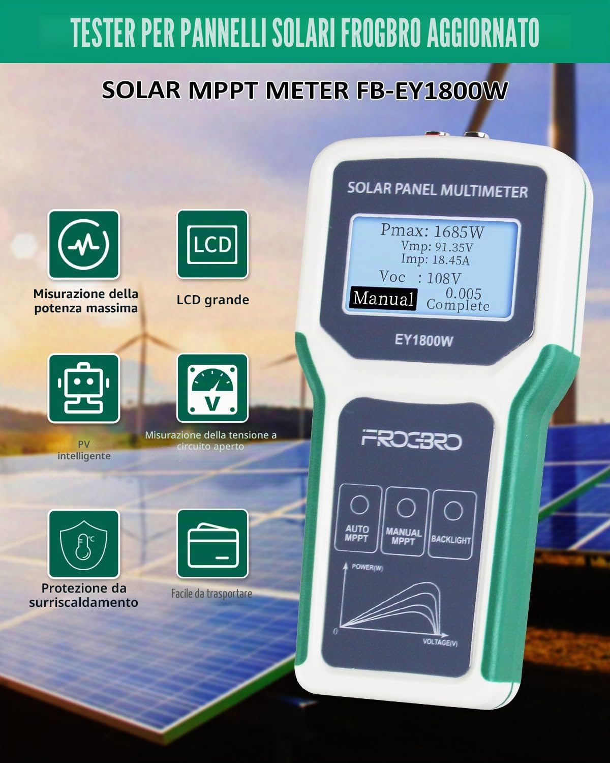 Pannello solare EY-1800 W, multimetro migliorato, con display LCD trasparente, strumento Smart MPPT per test solari