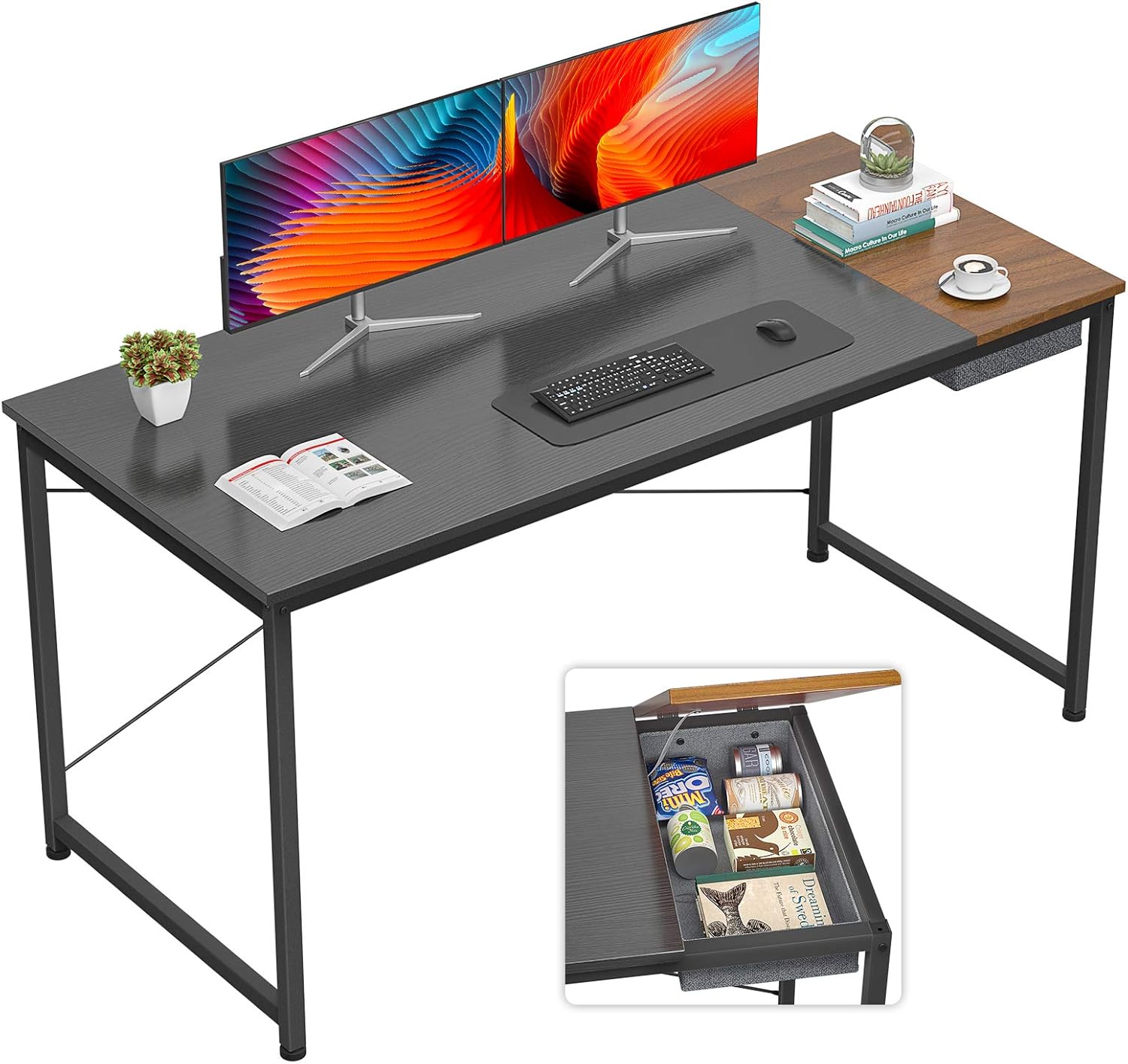 Foxemart Computer Desk, 47 Inch Study Writing Desk for Home Office Workstation, Modern Simple Style Laptop Table with Storage Bag/Drawer,Black and Espresso : Everything Else