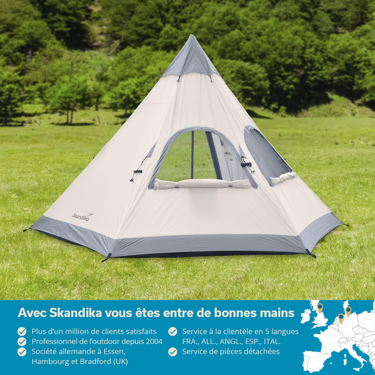 Skandika Tipi Hetta 460/335 | Tente tipi 4 à 6 Personnes, Tente familiale Anti UV, Hauteur 2-3 m, Tapis de Sol Cousu, Tente de Camping imperméable, avec Moustiquaire | Tente de Festival Glamping