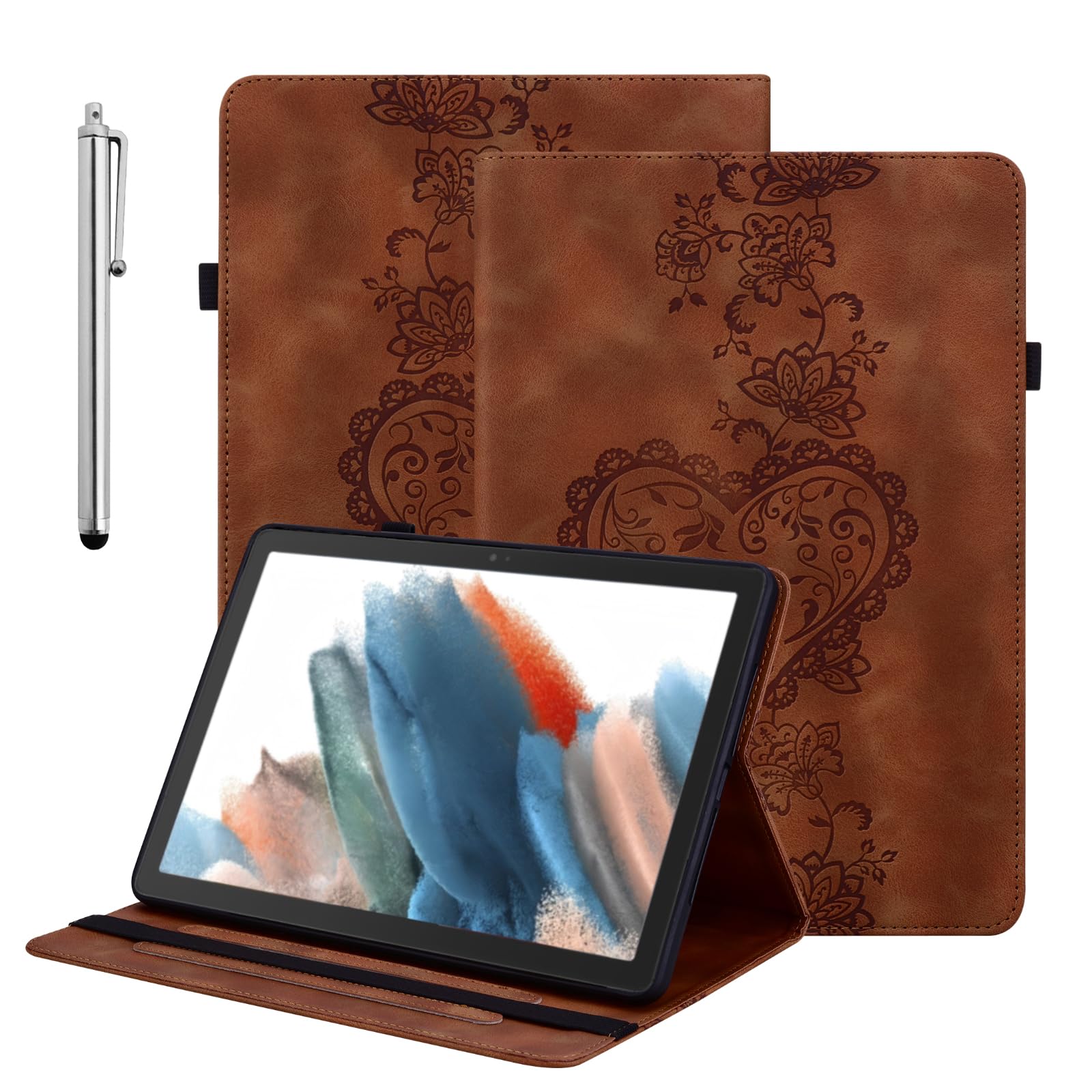 BOLELAW Hülle für Samsung Galaxy Tab S10 Lite / S10 FE / S9 FE 10.9 Zoll – PU Leder Folio Case mit Stifthalter, 3 Kartenfächern & Standfunktion & Stoßfest Geprägtes Herz, Braun