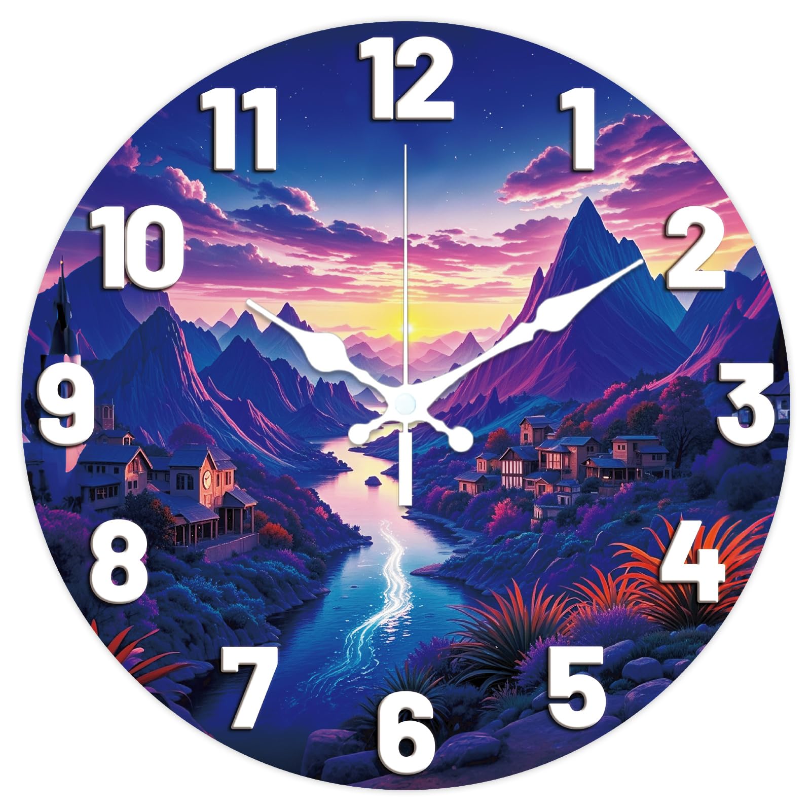 Horloge murale silencieuse 30,5 cm anti-bruit avec motif paysage coucher de soleil rond