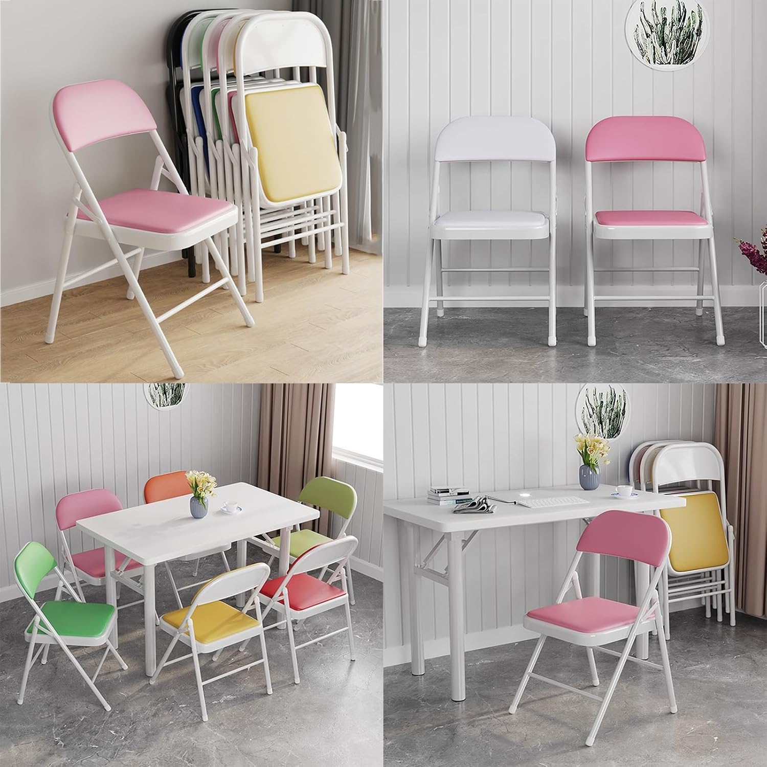 Indoor Upholstered PU Foldable Chair Sturdy Metal Frame Durable Office Comfortable Folding Dining (Color : Blue) (Yellow)