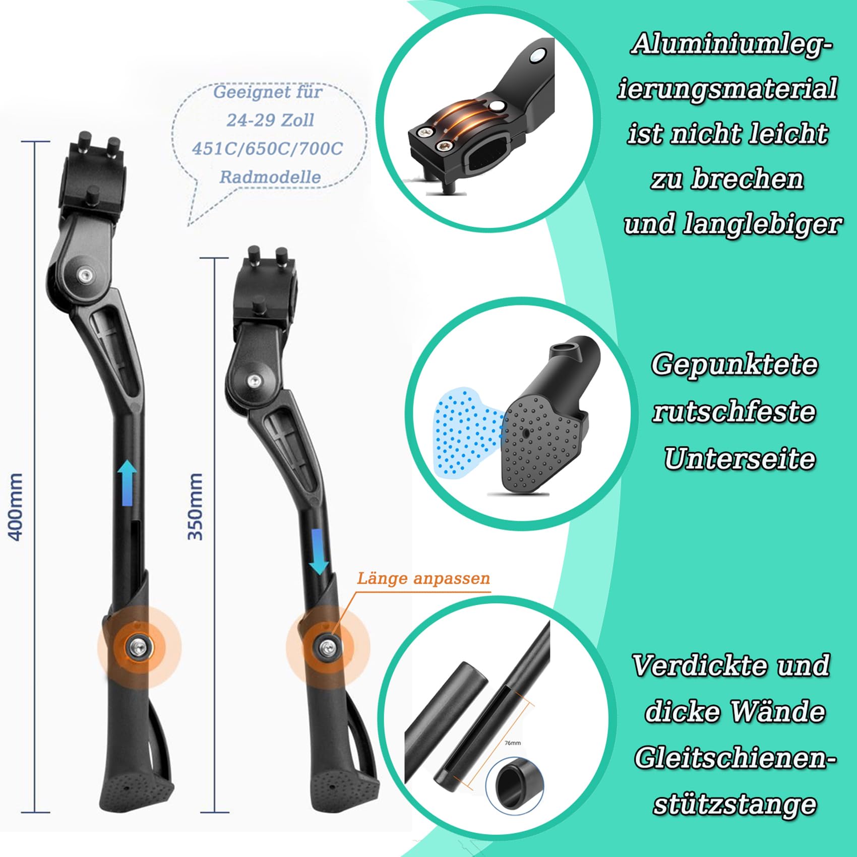24-29", regulowana wysokość, stop aluminium, nośność do 35 kg, antypoślizgowy stojak boczny, stabilny stojak na rowery górskie, elektryczne, wyścigowe, miejskie
