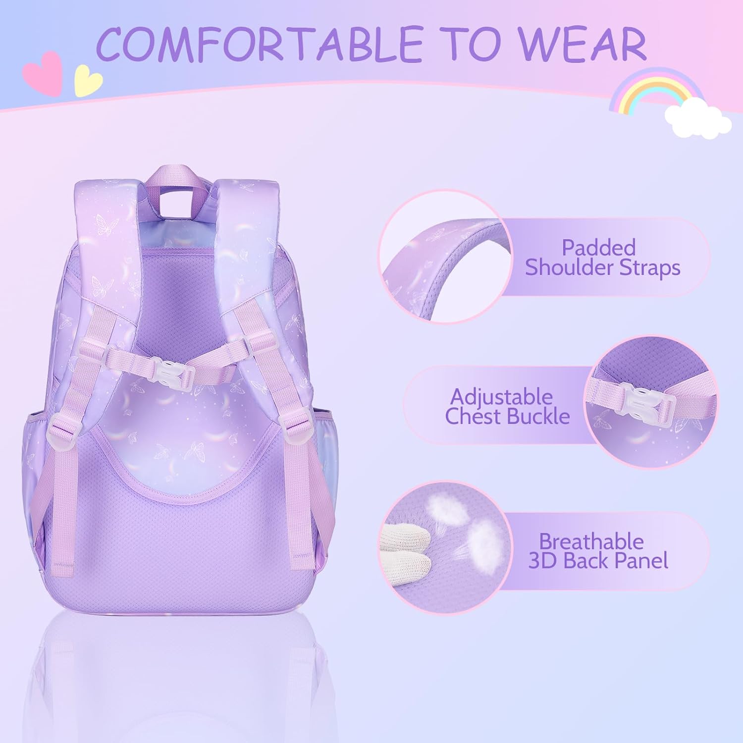 ACESAK Kids School Backpack for Girls, Bookbag Backpack with Lunch Box & Pencial Pouch Set for Girls Kids Teens Elementary Middle School Student, Girl Backpacks for Schools (Purple Rainbow)
