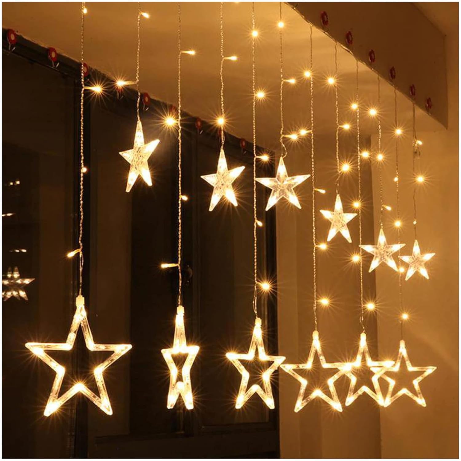 FIRSTLIKR Artificial Leaf Curtain Lights – 200 LED Warm White Fairy String Lights, 3x1m, 8 Lighting Modes for Home, Wedding, Party, Diwali, Christmas & Festival Decoration (Star Curtain)-image-9