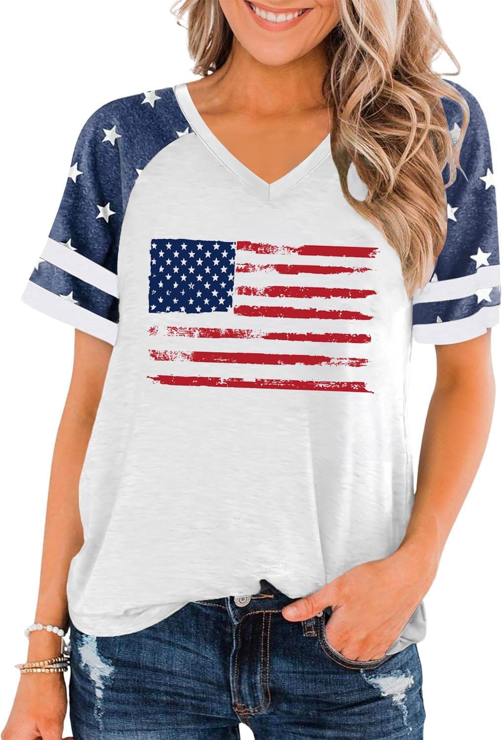 Patriotic Shirts for Women 4th of July T Shirts American Flag Graphic Tees Tops Raglan Short Sleeve Fourth of July Outfits