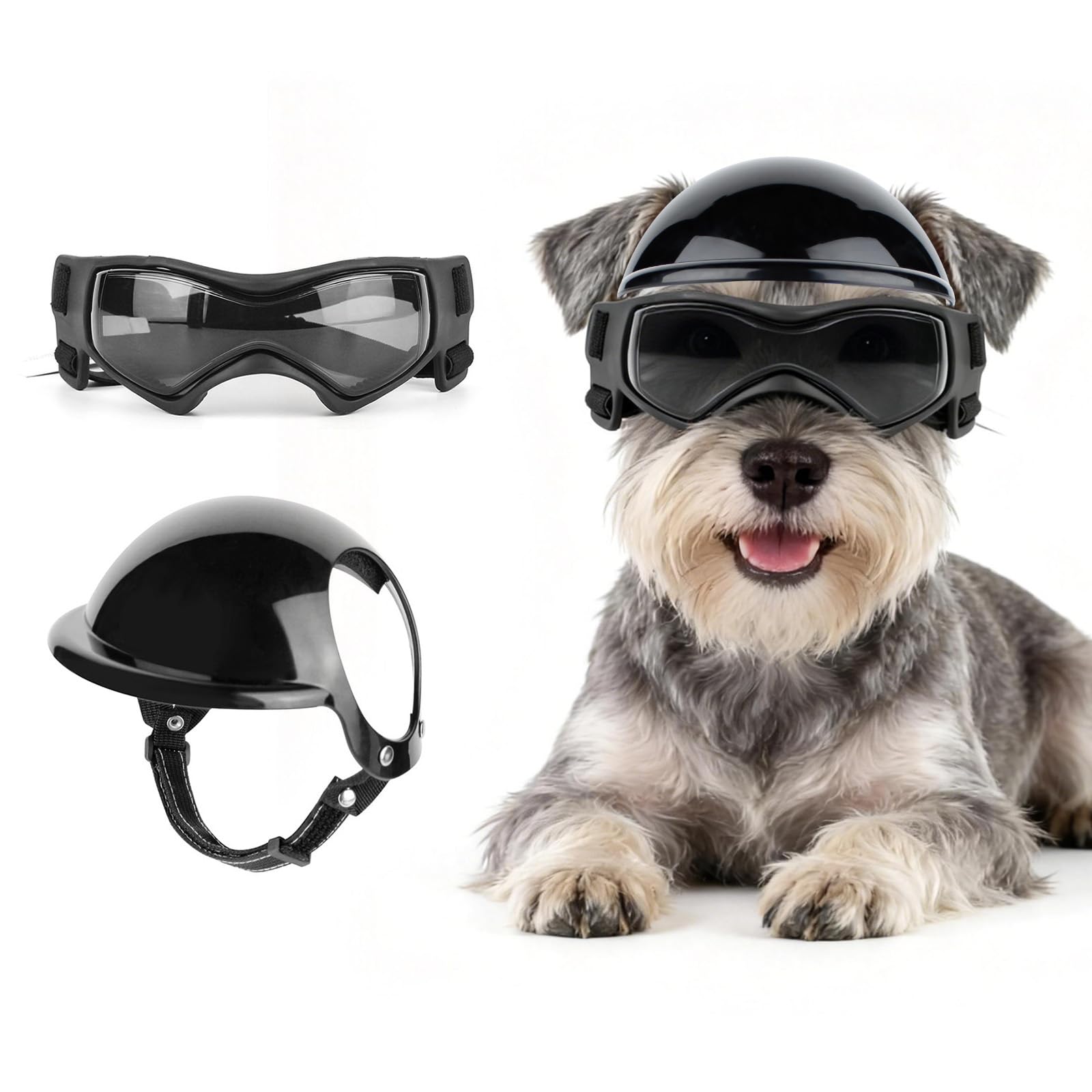 PETLESO Dog Goggles with Helmet for Small Breed, Dog Helmet and Goggles Set for Outdoor Driving Walking, Black-S