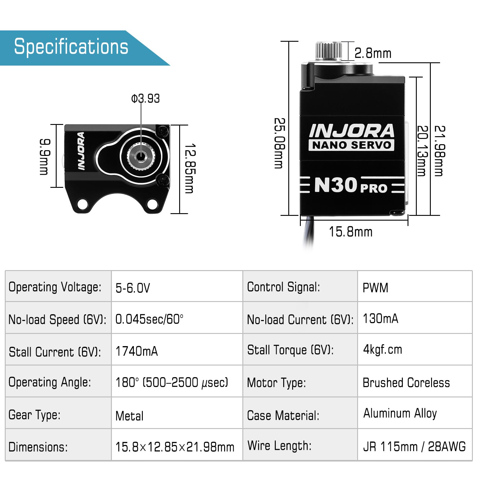 INJORA N30 Pro Nano Servo Couple Elevé avec Economiseur pour Axial SCX30,JR