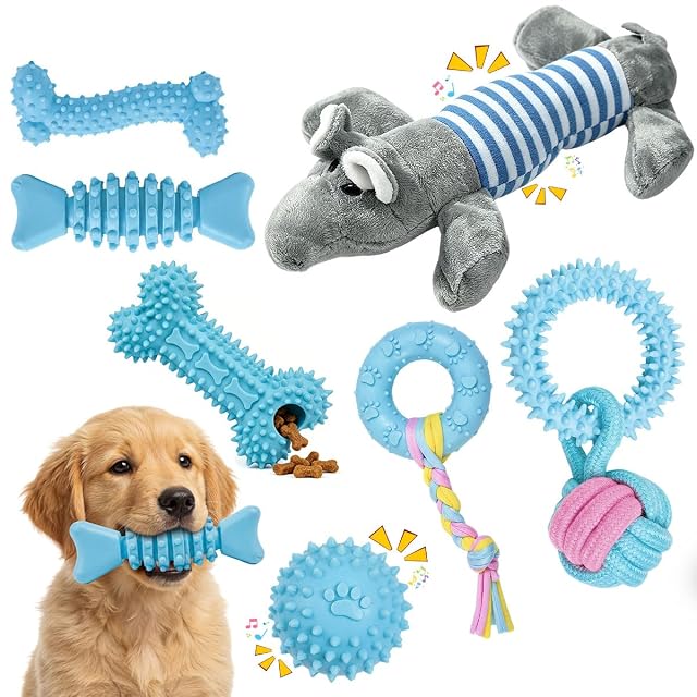 KAGEYMB Juego de 7 Juguetes para Cachorros: Juguetes Masticables de Felpa y TPR con Chirriador