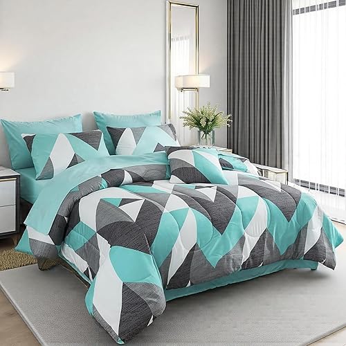 Miniatura 2 de Bedbay Juego de edredón verde azulado con sábanas, edredón ligero de verano tamaño Queen en una bolsa, juego de cama geométrico de cheurón,
