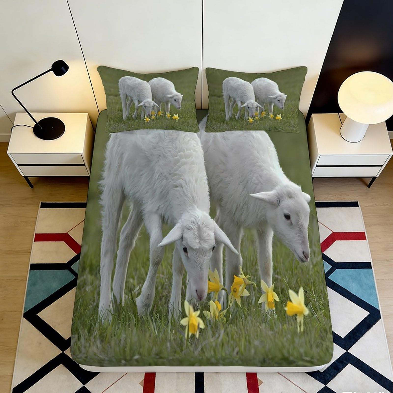 3D Printed Grazing Lamb Fitted Sheet Microfiber Soft Floral Meadow Bed Cover for Bedroom Guest Room Decor 90x200x25cm
