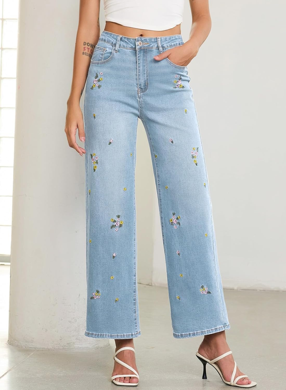 Sidefeel Women's Straight Leg Embroidered Jeans High Waisted Stretchy Wide Leg Denim Pants - Image 4