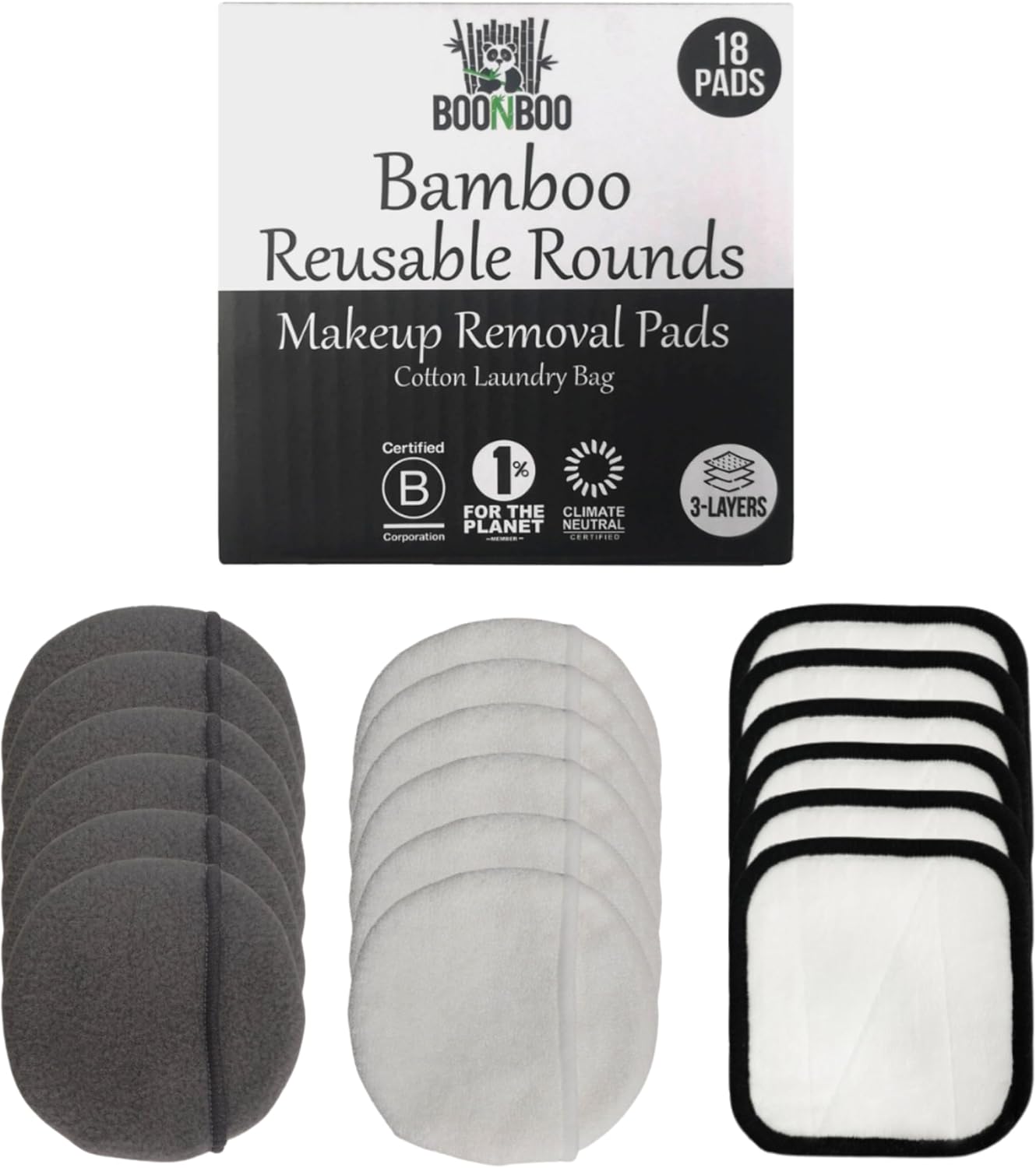 BOONBOO Reusable Makeup Removal Pads, Bamboo Cotton, 3-Layer, 18 Pieces