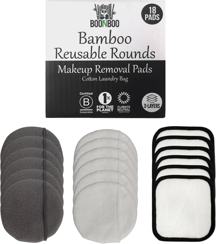 Discos reutilizáveis para remoção de maquiagem BOONBOO de bambu e algodão, 3 camadas, 18 unidades