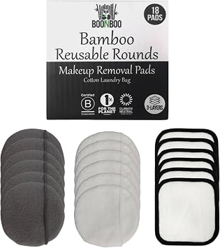 BOONBOO Reusable Makeup Removal Pads, Bamboo Cotton, 3-Layer, 18 Pieces