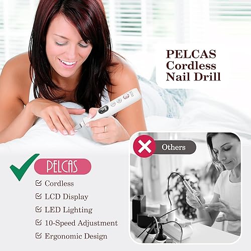 Miniatura 3 de PELCAS Lima de uñas eléctrica, taladro de uñas inalámbrico de 10 velocidades con luz LED, kit portátil de manicura y pedicura, molinillo de uñas con