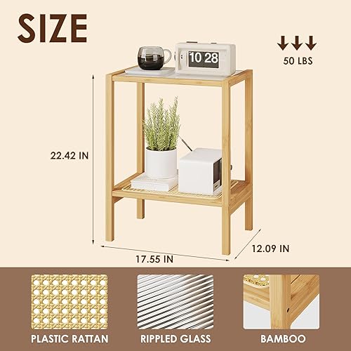 Miniatura 15 de Bamworld Mesa auxiliar de ratán para sala de estar, mesa auxiliar bohemia de 2 niveles con almacenamiento, mesa de noche moderna de mediados de Mesa