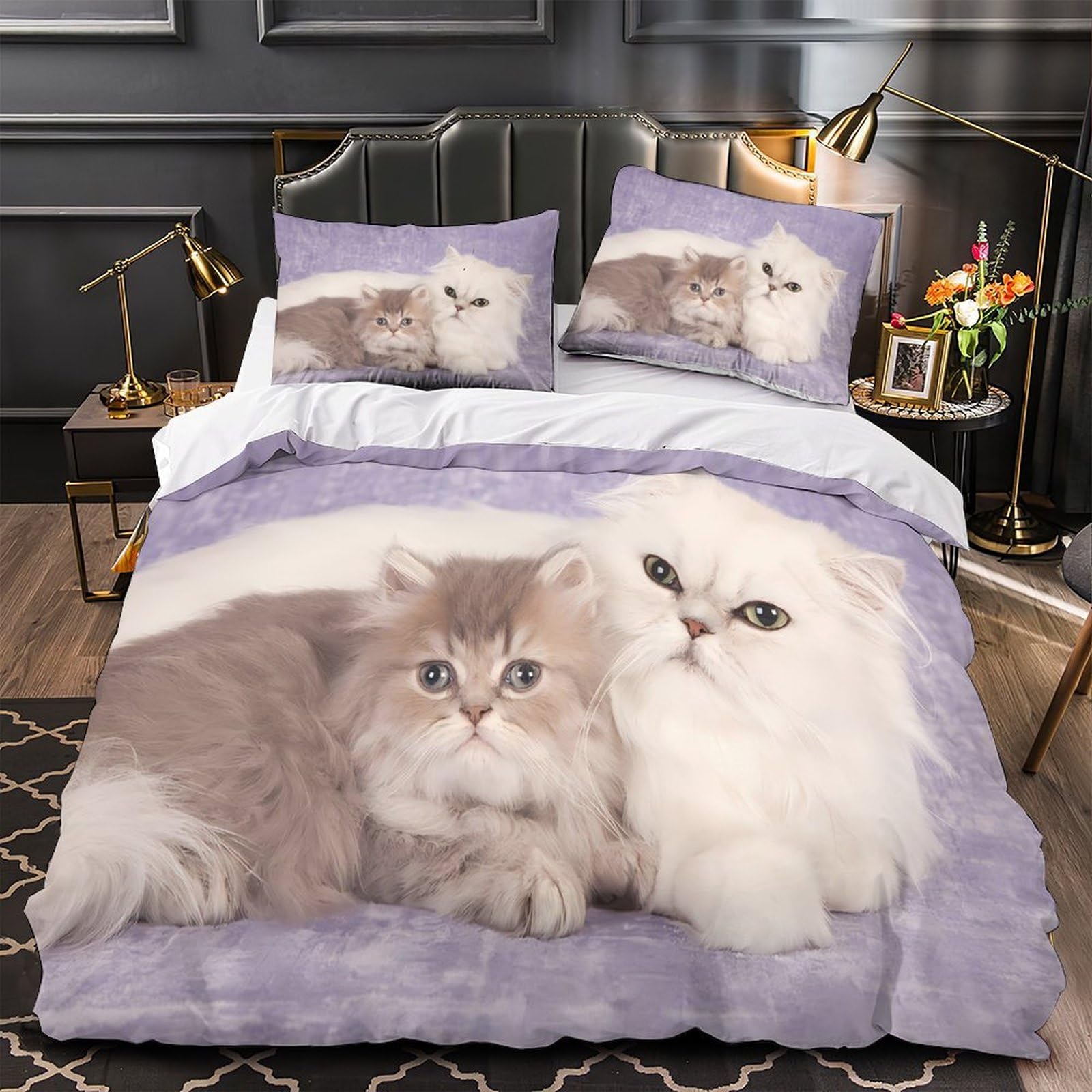 MMDASBVPE Fluffy Persian Cats Comforter Cover 3D Print Wrinkle-Resistant 3-Piece Bed Set Hidden Zipper Quilt Cover Premium Machine Washable for Adults Women Kids Girls Boys Youth King（220x240cm）