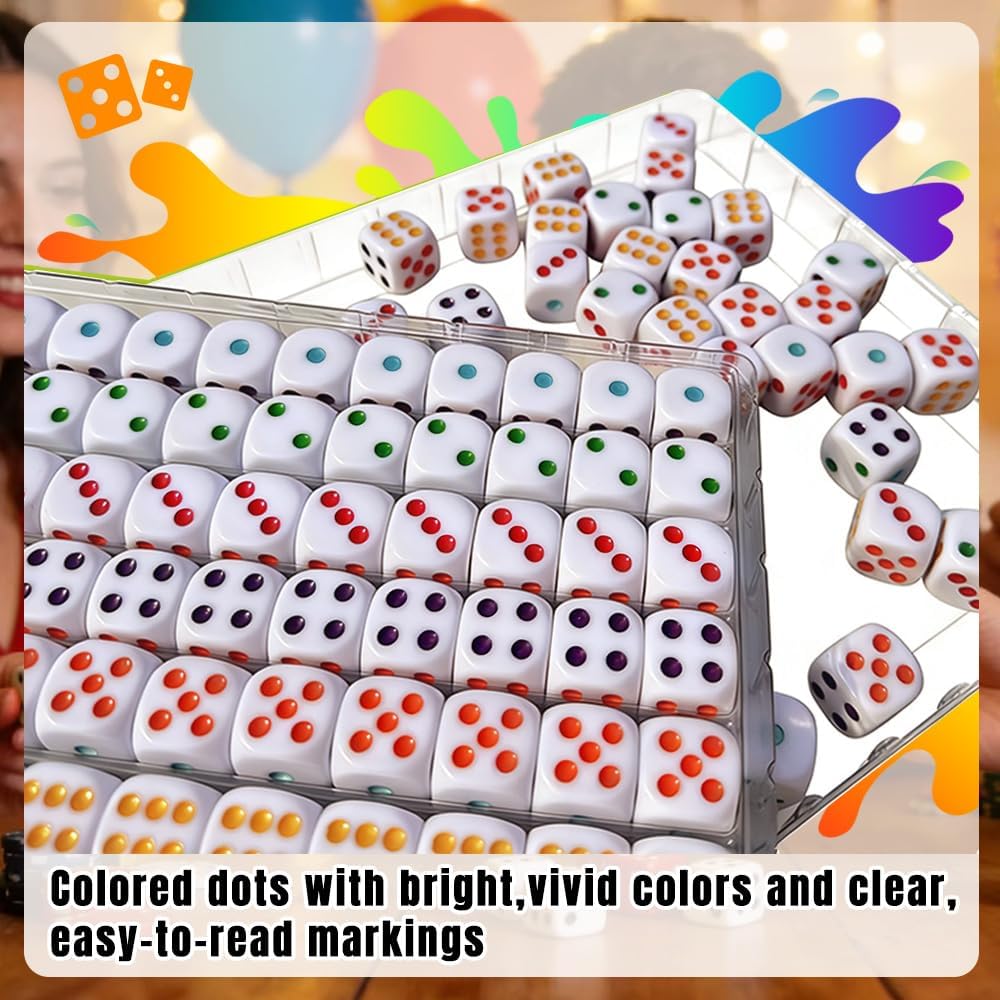 100 Pcs Dice Set, 16mm Standard Game Colored Dot Dice with 10-Grid Plastic Storage Box for Board Games, Teaching Math, Party Activities