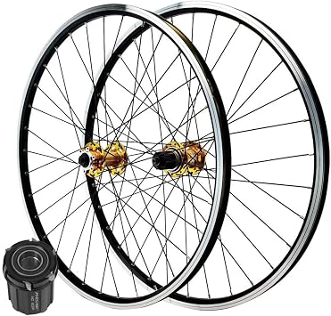 MTB Wheelset 26 Inch Handmade Standard Bicycle Rim 32 Spoke Mountain Bike Front & Rear Wheel Disc/Rim Brake 7-11speed Cassette QR Sealed Bearing Hubs Color Gold hub, Size 26inch