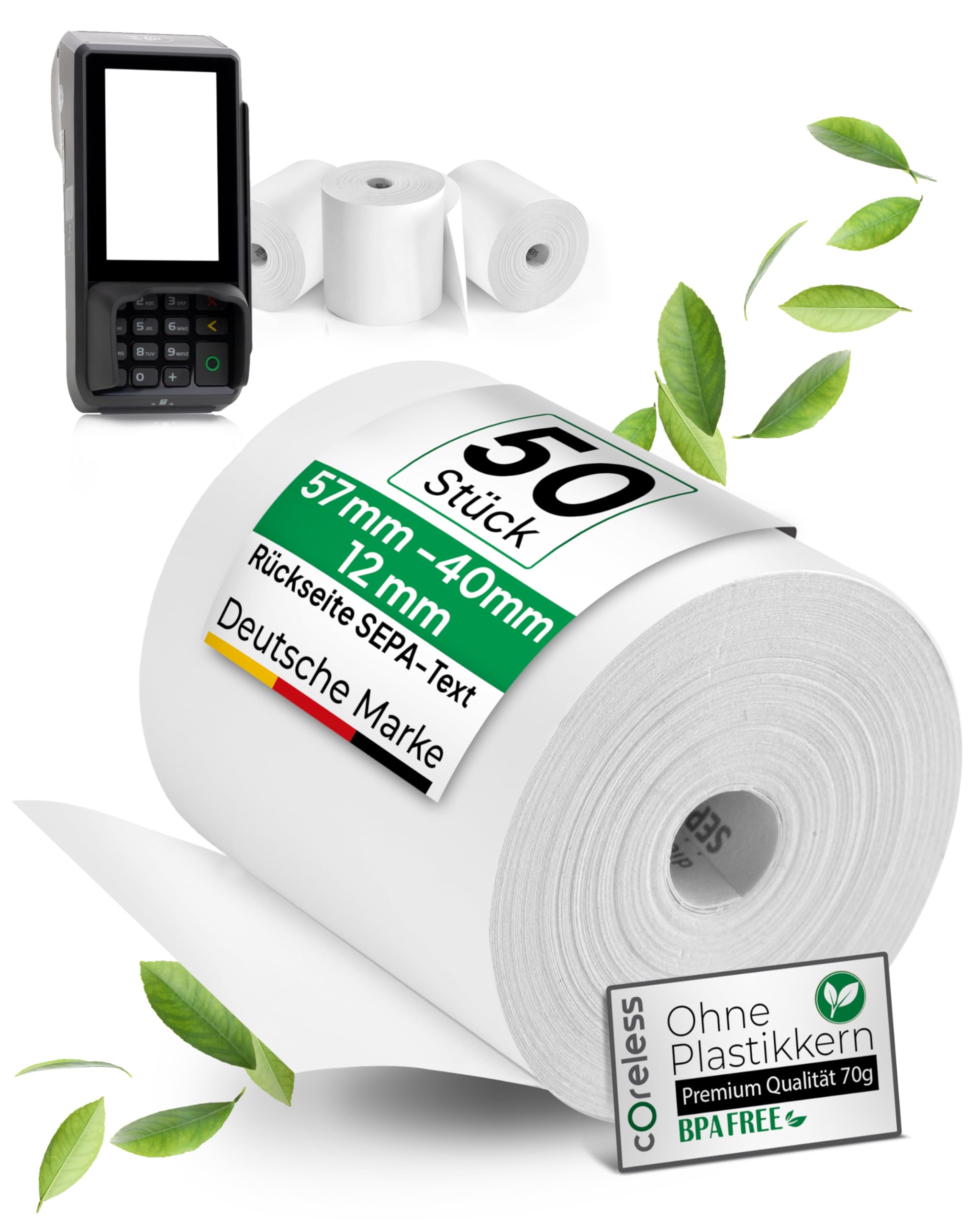 Coreless 50× EC-Thermorollen 57 mm × 40 m – SEPA-Aufdruck, kernlose Kassenrollen ohne Plastik – passend für gängige EC-Kartenterminals (z. B. Ingenico, Verifone, CCV, SumUp)