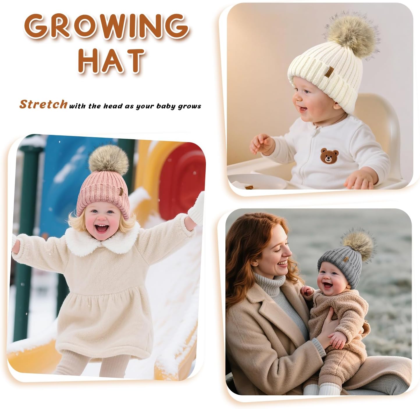 Kids Winter Hat Toddler Stretchy Knitted Beanie with Faux Fur Pom Poms Beanie for Baby Girls Boys - Image 6