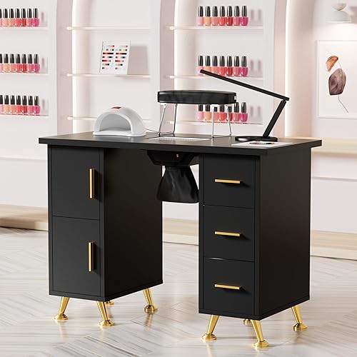 Miniatura 7 de Hicomony Mesa de uñas negra para tecnología de uñas, mesa de manicura con reposabrazos, colector de polvo de uñas, resistente a acetona, mesa de