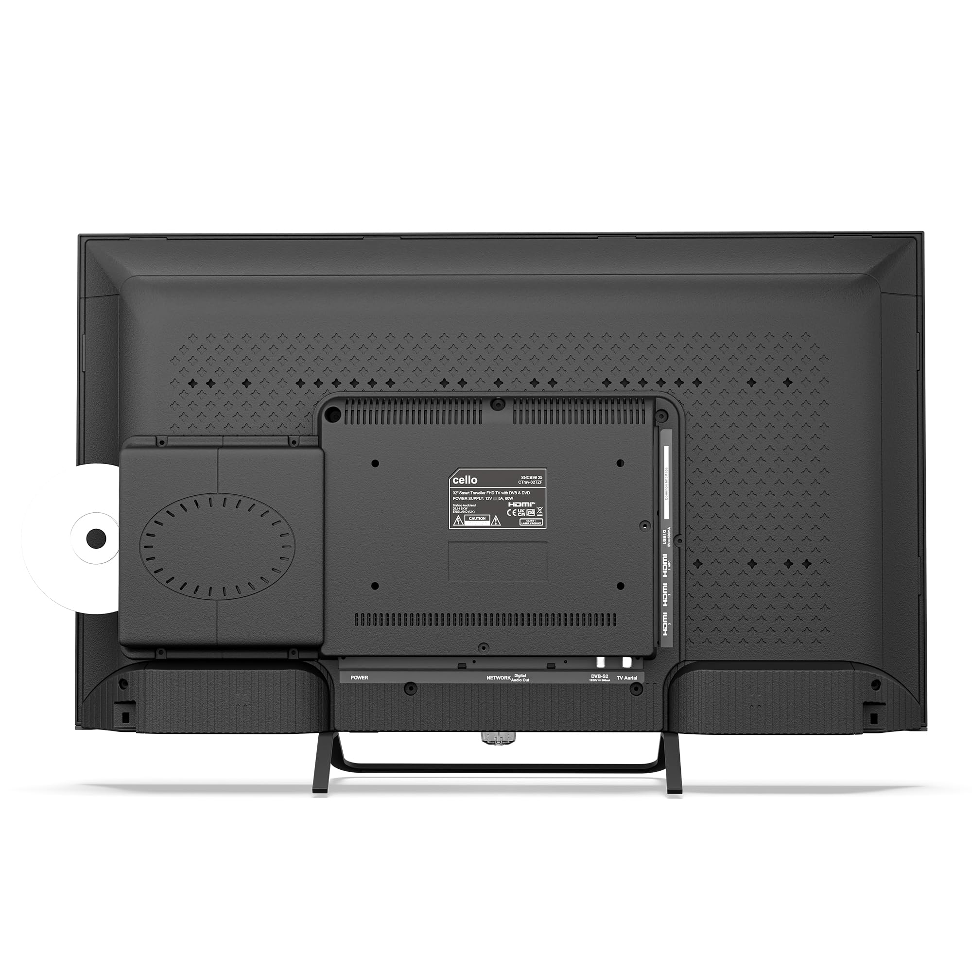 Cello Ctrav-32TZF 32" Smart TV LED z systemem Tizen OS, telewizor podróżny 12V z wbudowanym DVD, 3-letnia gwarancja, głośniki Pitch Perfect, Prime Video, Bluetooth, idealny do kamperów