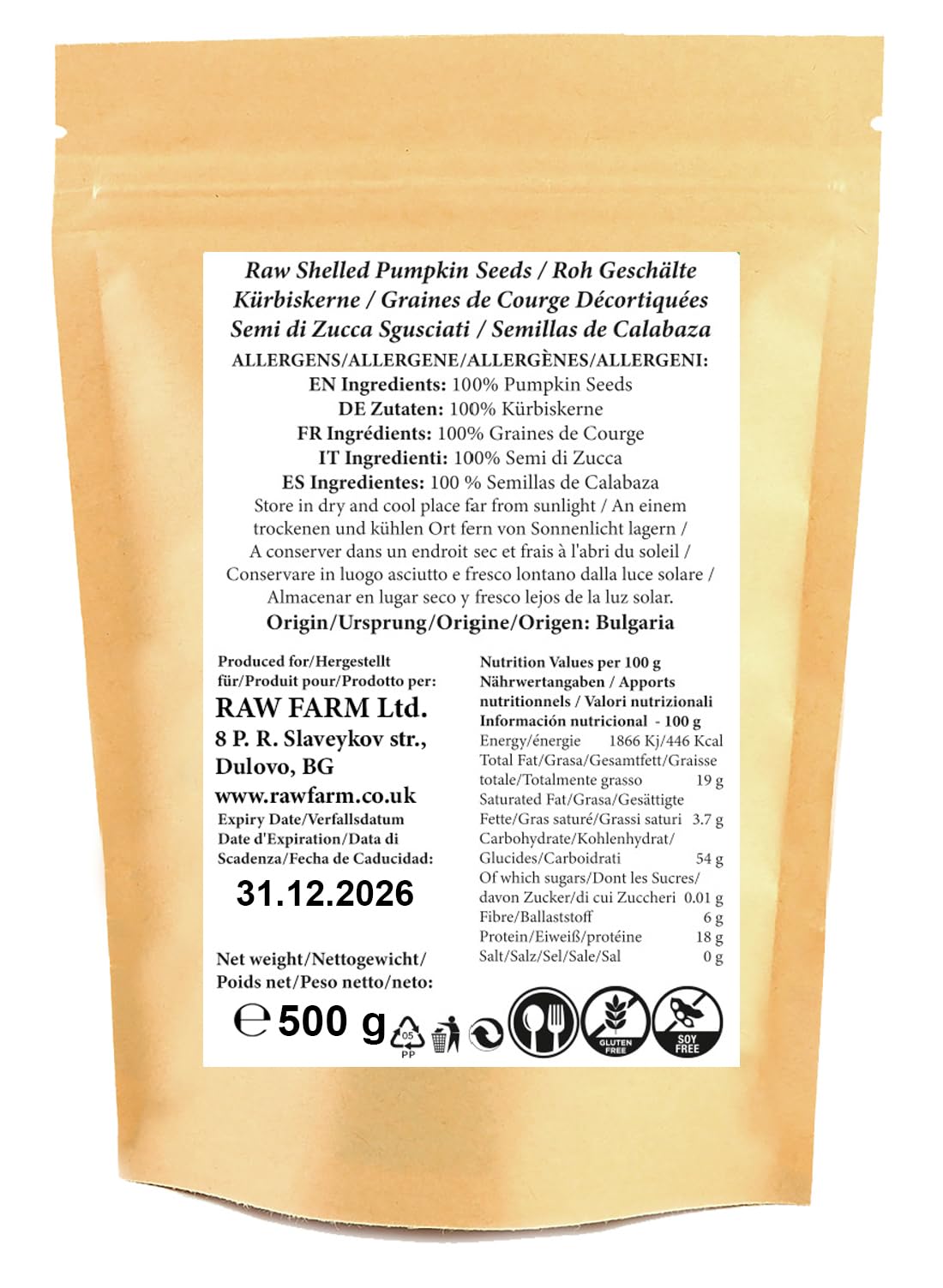 Raw Farm – Semillas de calabaza peladas – 500 g – variedad estiria – sin gluten – sin soja – origen UE