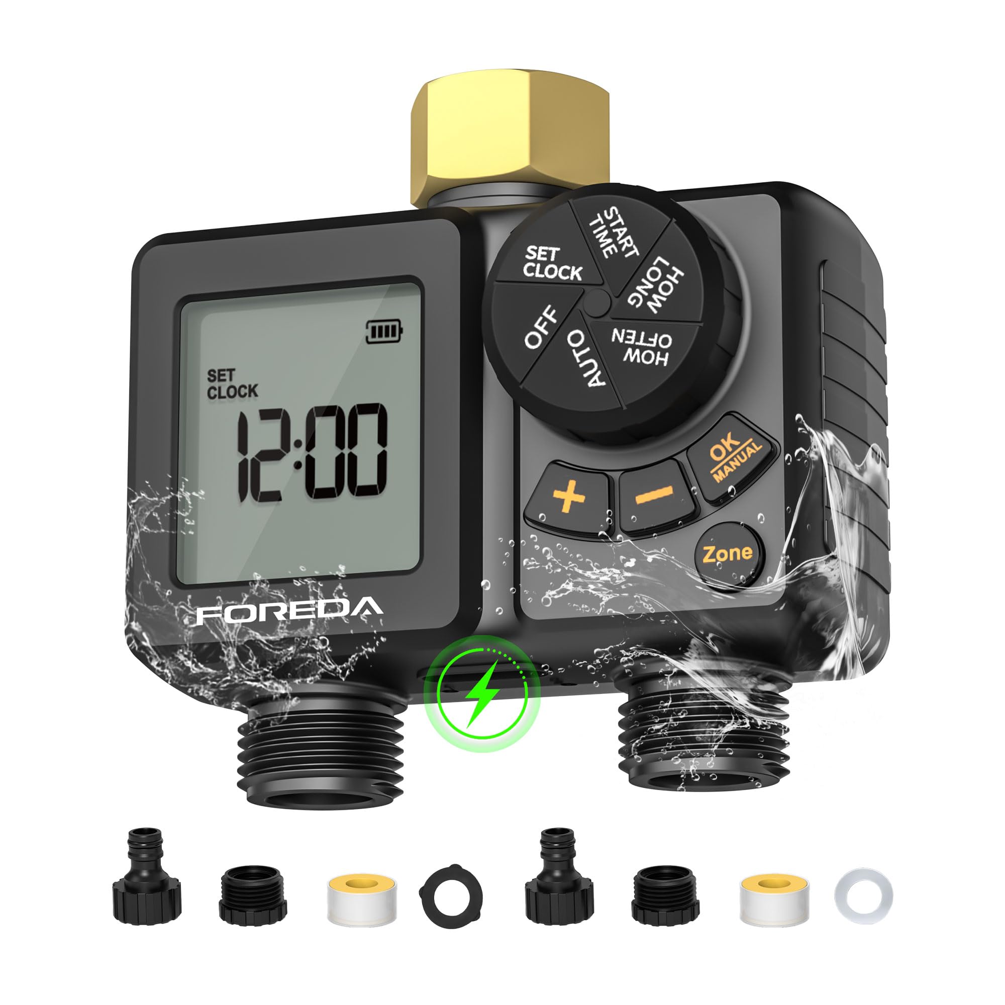 Temporizador de aspersor recargable de 2 salidas, entrada de latón, temporizadores de agua de riego programables para manguera de jardín con retardo de lluvia/modos manual/automático