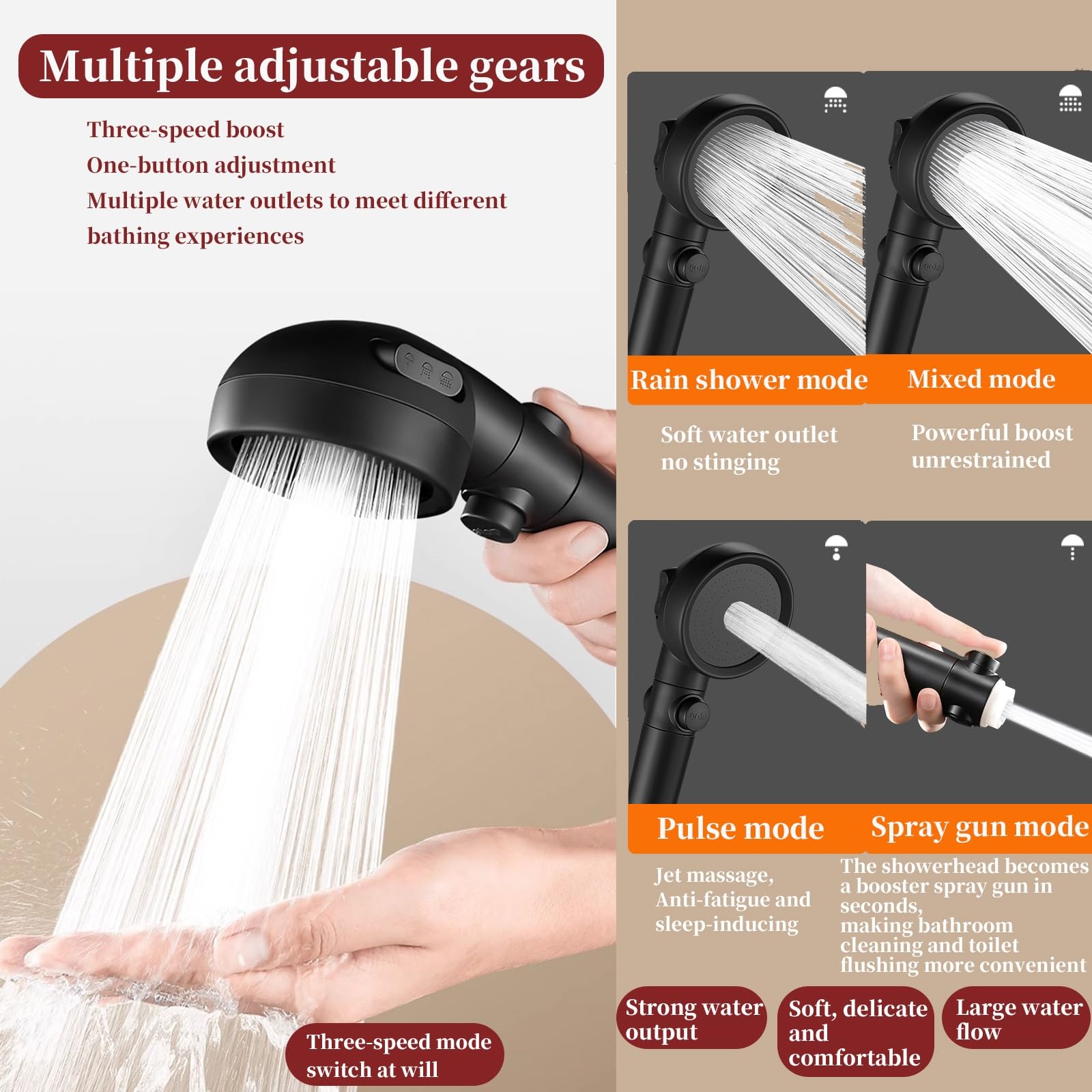 Cabezal de ducha de mano de alta presión, cabezal de ducha filtrado de cuatro velocidades para un fácil lavado, conveniente para inodoros, suelos y fregonas