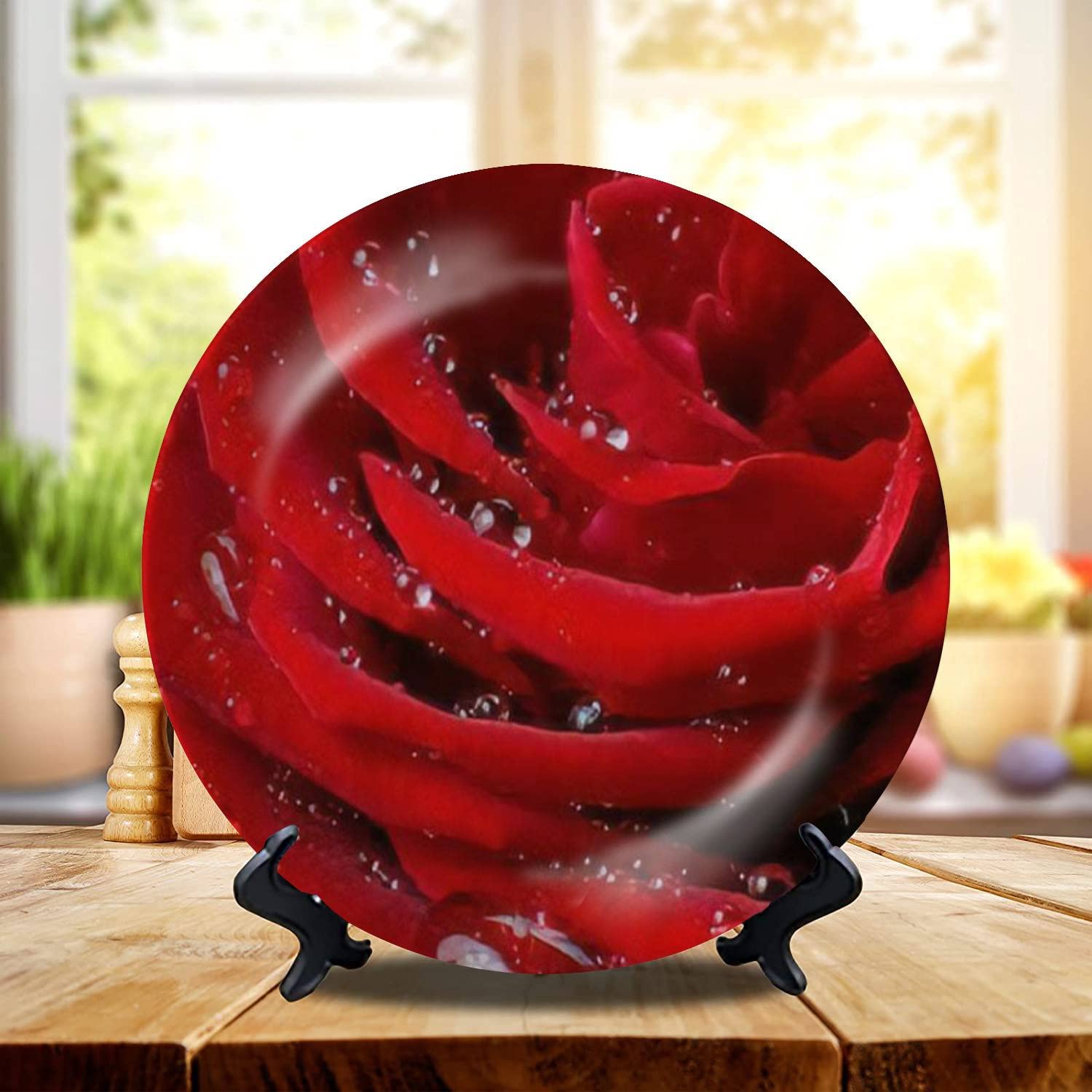 DISAOODANK Decorative Plates Close up of red Rose Wall Decor Ceramic Ornament with Display Stand and Hook Up for Festival, Parties, Wedding 10