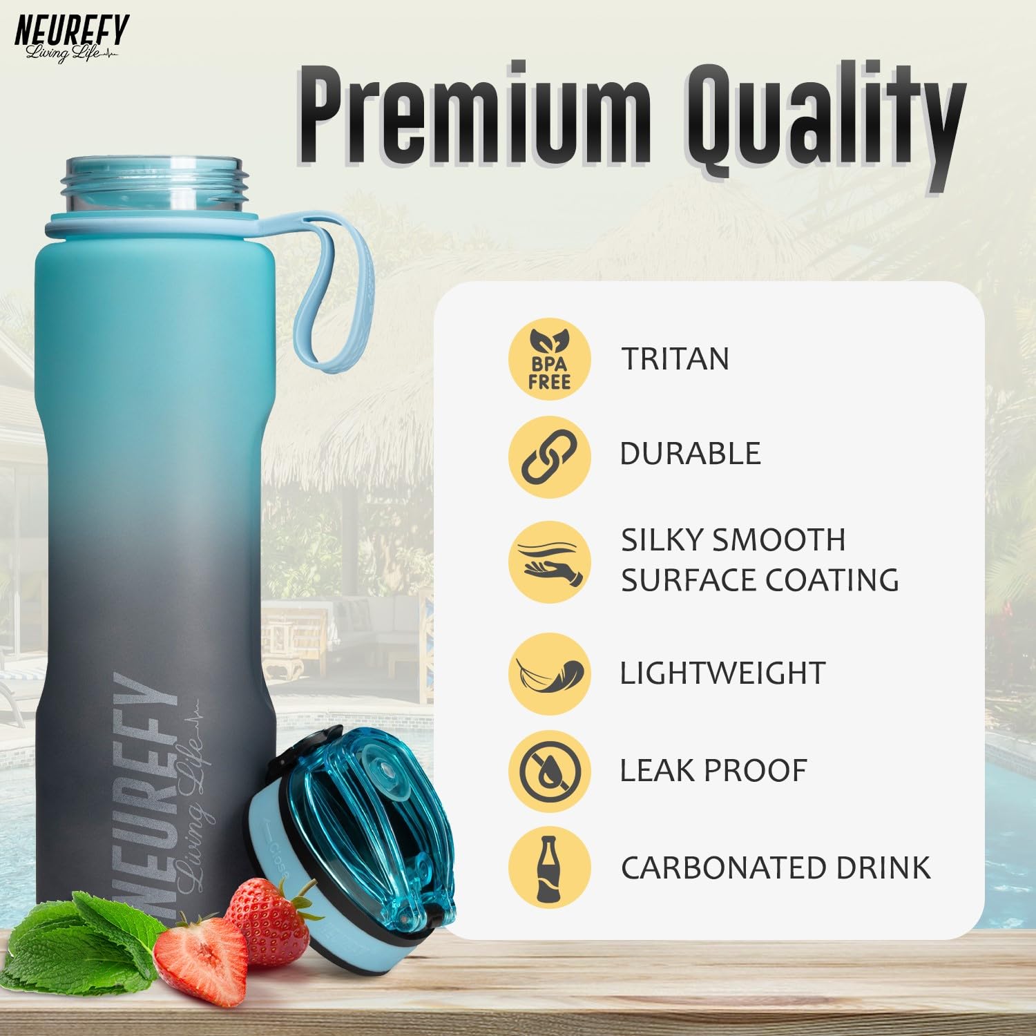 NEUREFY Sports Water Bottle 1L Sky Blue Tritan, Leak-Proof & Easy-Grip Design, BPA-Free, Motivation bottle with Strainer - Image 3