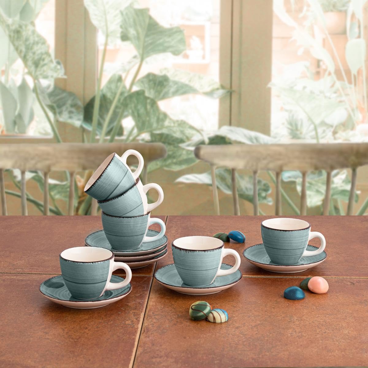 Quid Set de De 6 Tazas Con Platillo Cerámica Vita Morning de Loza 9cl | Turquesa, Loza, acabado brillo, 9cl