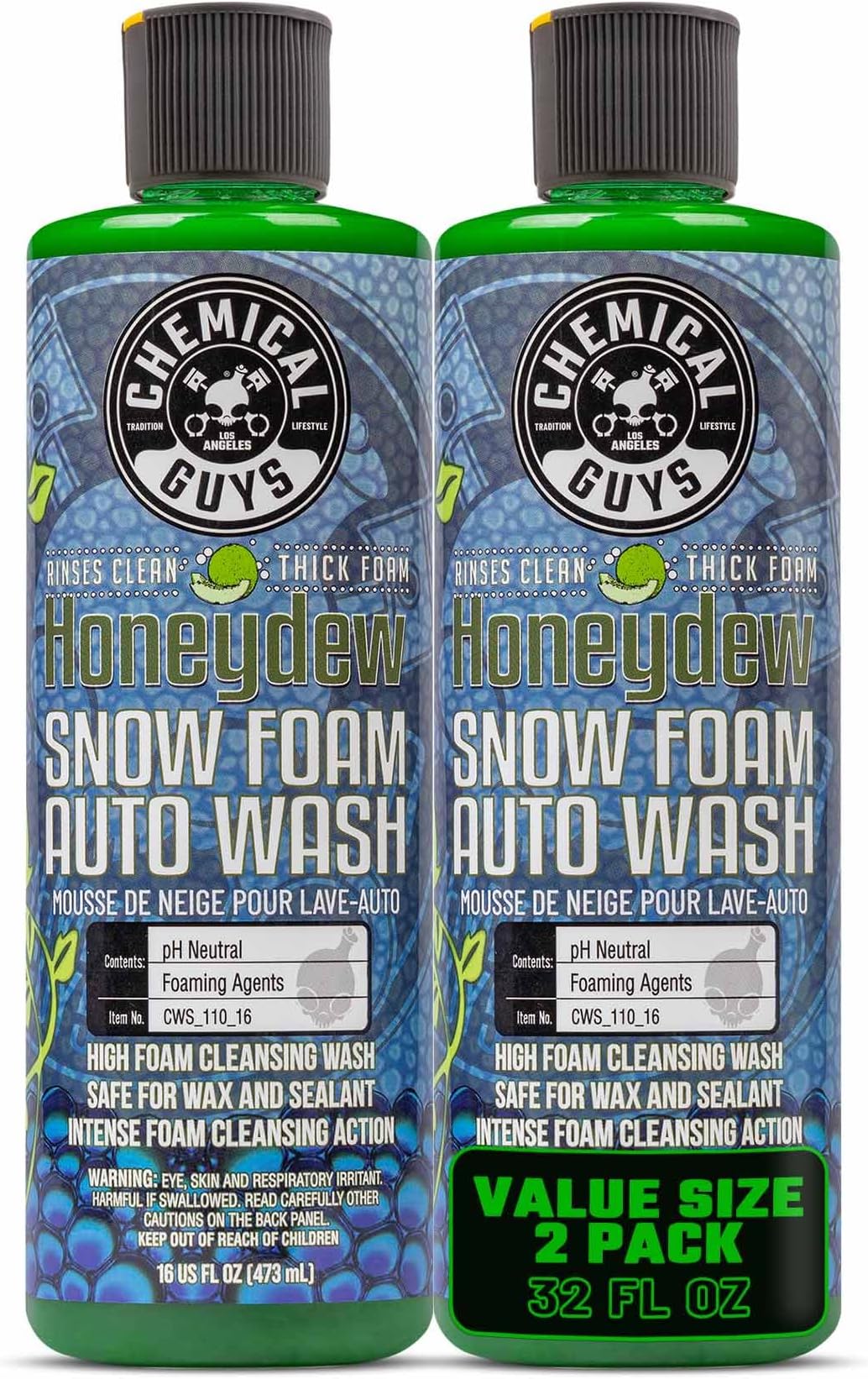 Honeydew Snow Foam Auto Wash Cleanser 2 Pack (2 X 16 Fl. Oz.) - (Works with Foam Cannons, Guns or Bucket Washes) Safe for Trucks, Motorcycles, RVs & More, Honeydew Scent - CWS_110_1602