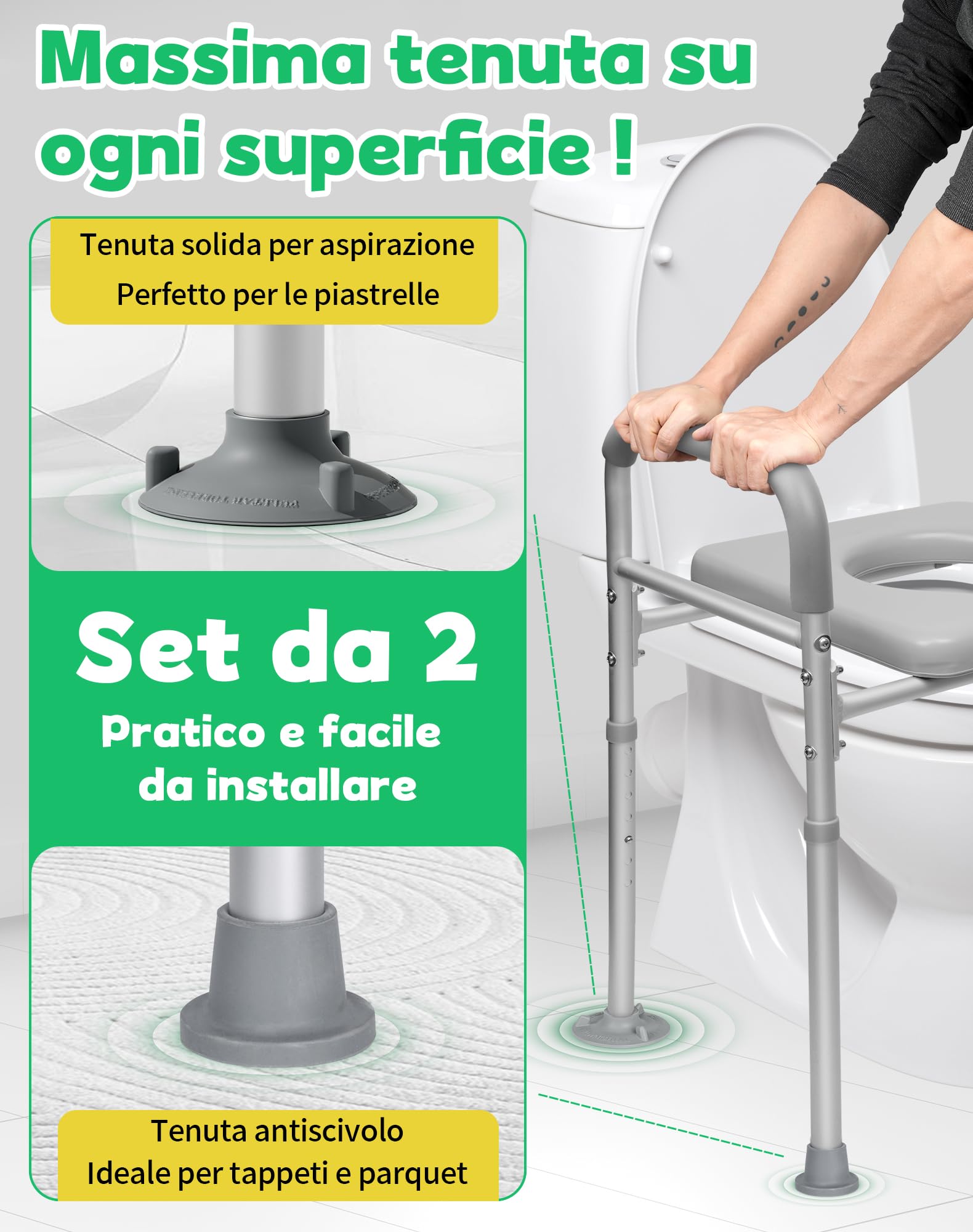 Rialzo per WC con braccioli, 15 cm, rialzo per WC, per anziani, sedile WC rialzato, 7 altezze regolabili, per adulti, fino a 150 kg