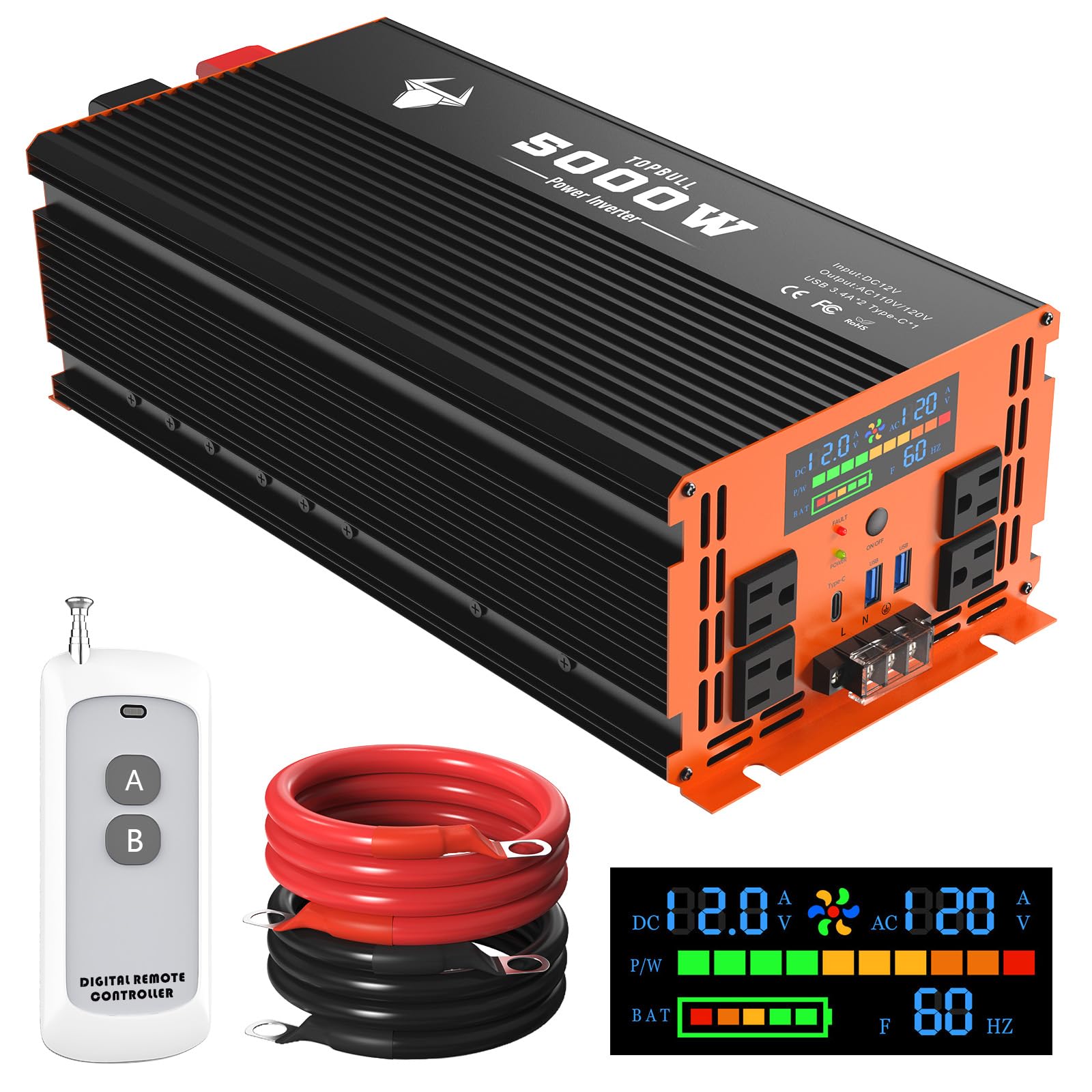 Photo 1 of 5000 Watt Power Inverter 12V DC to 120V/110V AC for Vehicles RV, Truck, Solar, Home, Off-Grid Car Converter Surge 10000W with 4 AC Outlet, 2 USB-A Port, 200ft Remote Control and 3 AC Terminal Blocks