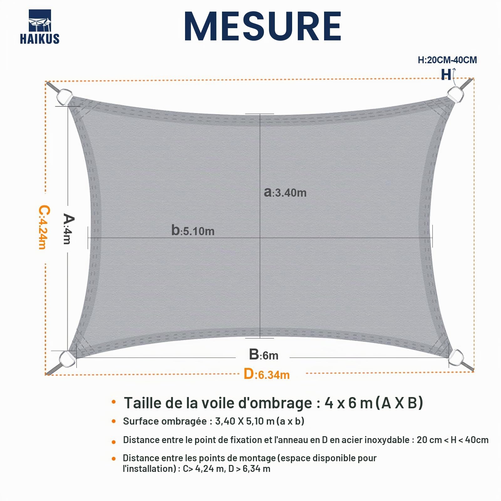 HAIKUS Voile d'ombrage Imperméable Rectangulaire 4x6m, PES Résistant à l'eau, Rectangle 6x4m, Résistant 98% Protection Rayons UV pour Patio Terrasse Extérieur, Crème 4x6