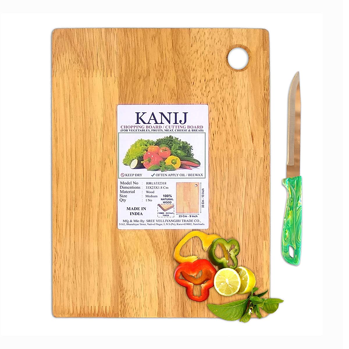 KANIJ® Chopping Board + Vegetable Knife for Kitchen Vegetable Fruit Meat Fish Bread Cheese Pizza Cutting Chopping Wooden Cutting Board with Knife | Set of - 2 (13 Side Hole)