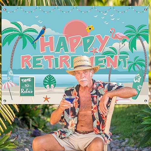Miniatura 4 de 5 carteles con texto en inglés "Hawaii Luau Happy Retirement" de 3 pies para fiesta de jubilación, decoración tropical de feliz jubilación, cabina