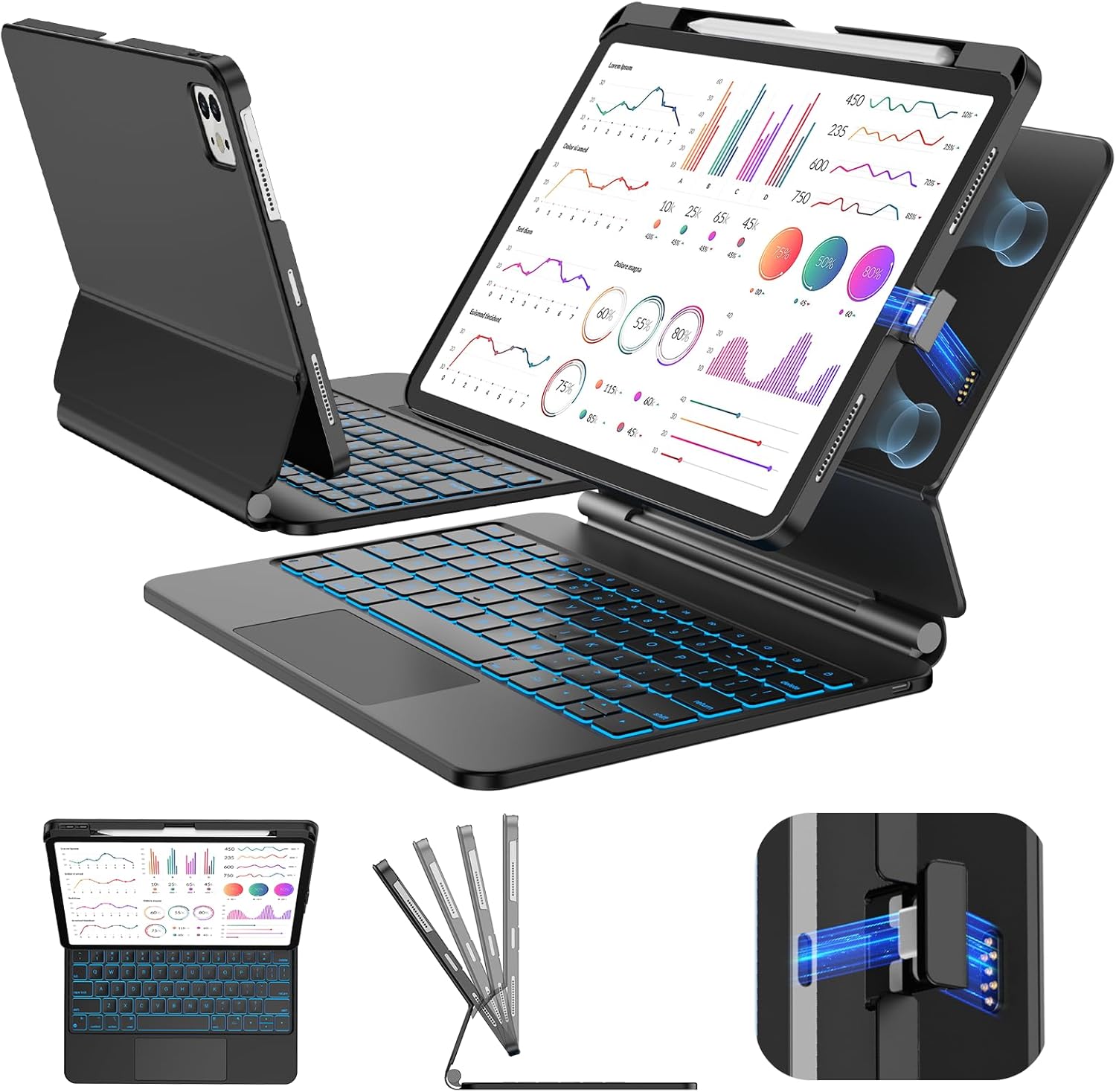 SIBEITU Keyboard Case for iPad Pro 11 Inch (M5/M4, 2025/2024), Easy-Set Magnetic Stand with Removable Protective Case, Muilt Precision Trackpad, Backlit Keyboard, Smart Contact Connector, Black