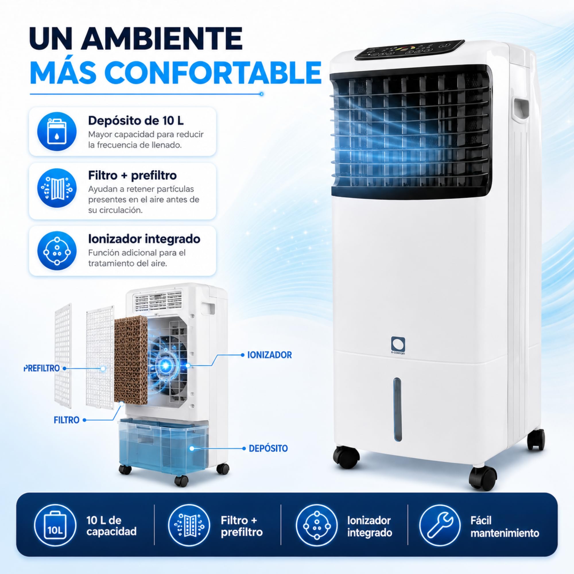Climatizador Evaporativo VONALA E1300C – Enfriador de Aire y Calefactor 2 en 1 con Ionizador, Depósito 10L, 6 Velocidades, Mando a Distancia, Modo Calor y Frio
