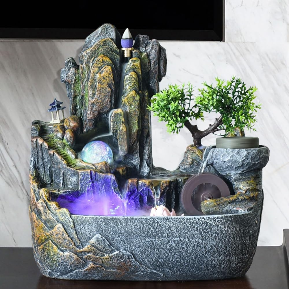 Tabletop Fountains Desktop Fountain Multifunctional Waterfall with Humidifier, Crystal Wheel & Scented Flow Relaxation Fountains