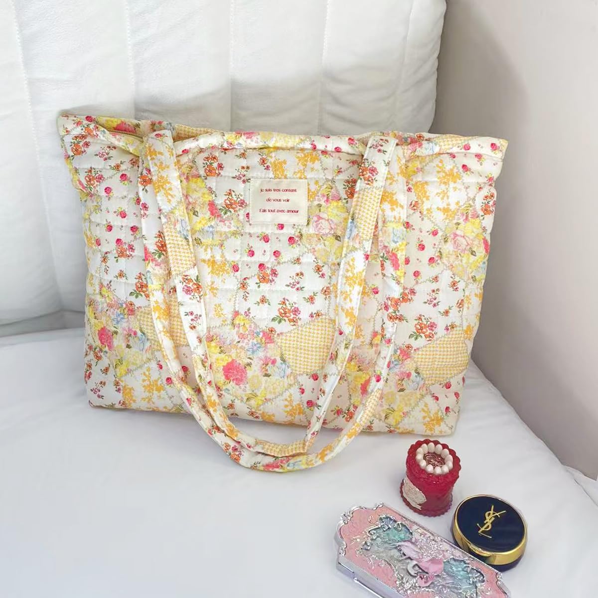 Sunwel Fashion Top Zipper Floral Quilted Bag Small Tote Bag for Women