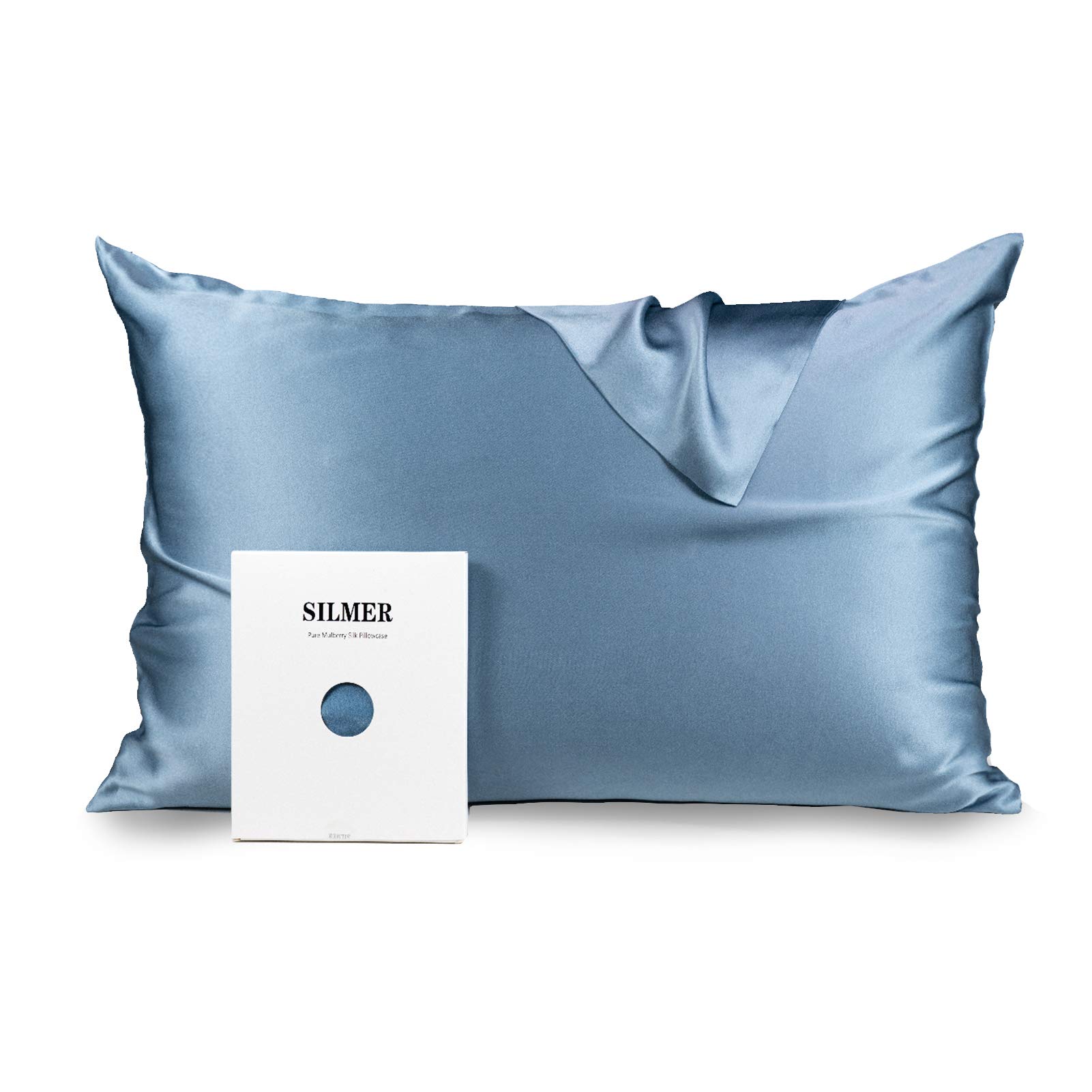 100% Mulberry Silk Pillowcase for Hair and Skin - Both Sides 22 Momme 600 Thread Count Pillowcase Cover with Hidden Zipper Ultra-Soft and Breathable 1Pc (Blue Fog, Standard 20"×26")