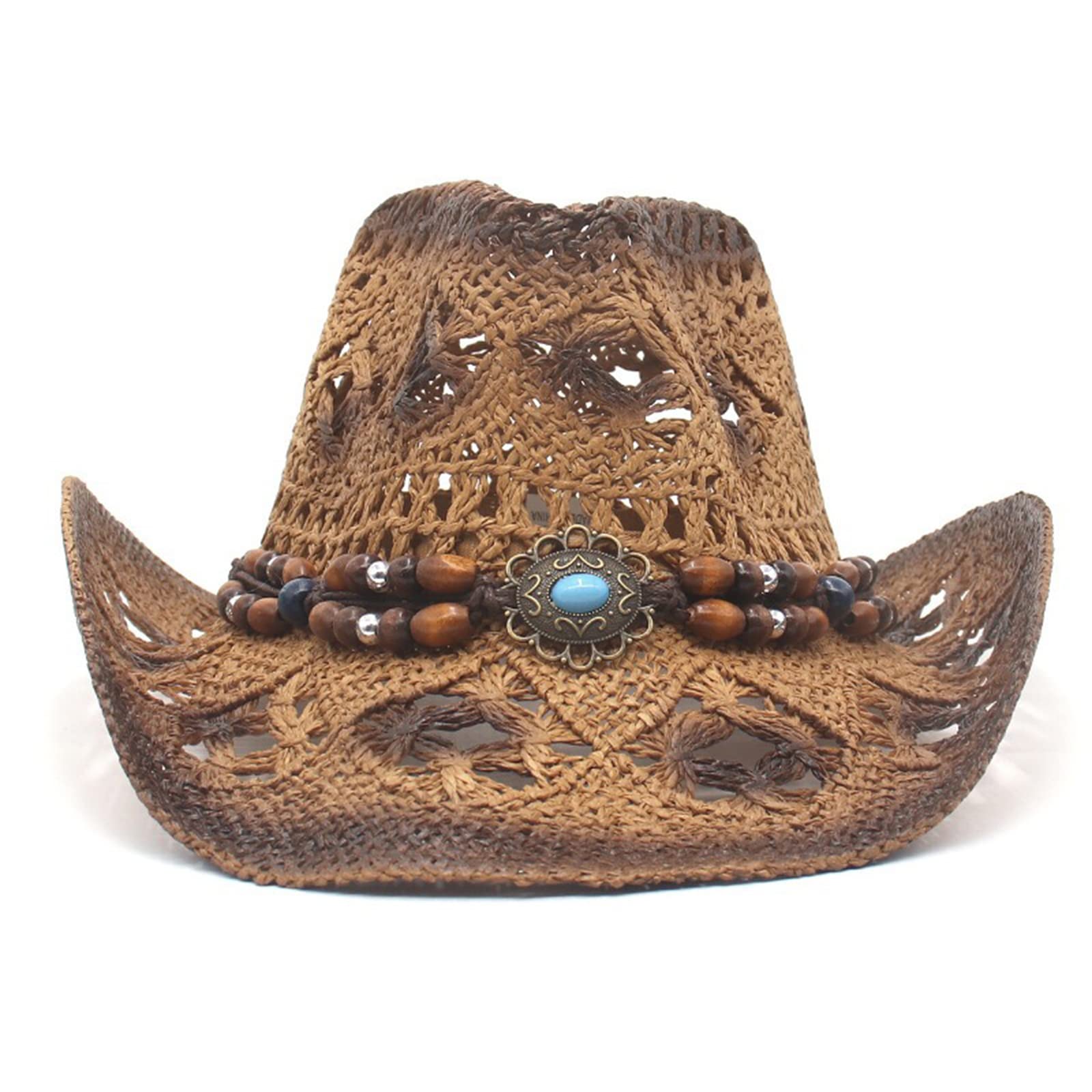 LYSINK Cappello di paglia da spiaggia da uomo estivo a tesa larga alta cave fuori paglia cappelli da cowboy vacanza cappello da sole casual